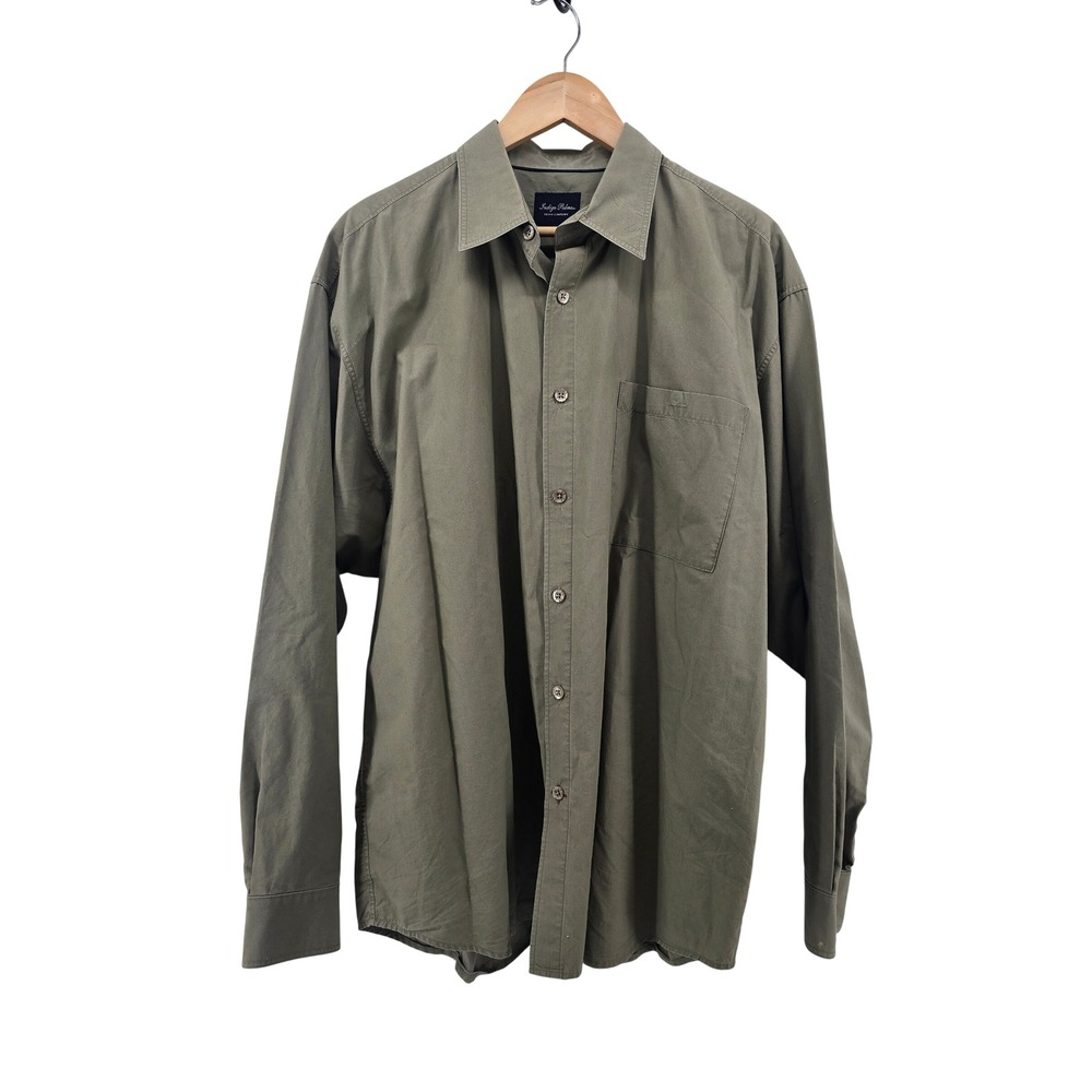 Indigo Palms Button Up Shirt Mens XL Olive Green Solid Cotton Long Sleeve Pocket